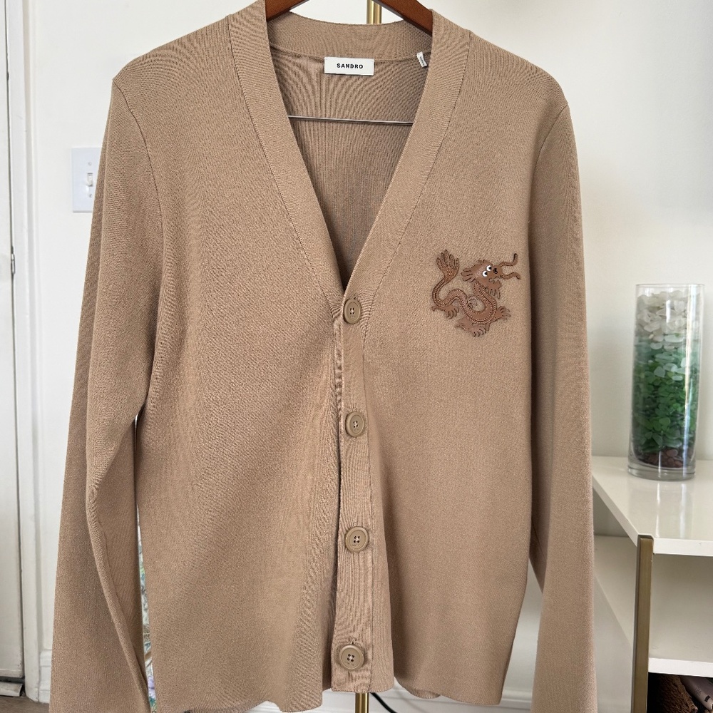 Sandro Dragon Patch Button Up Cardigan – Tan | Size S